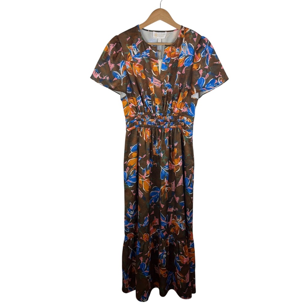 NWT Sheridan French Brown Floral Maxi Dress Small Smocked Waist‎ Flowy Resort
